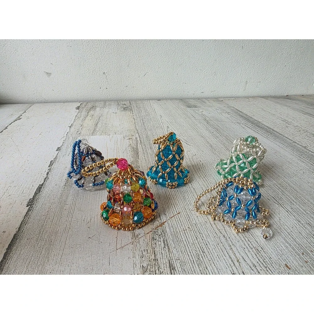Vintage beaded Bell ornament blue rainbow green pearl Xmas tree set